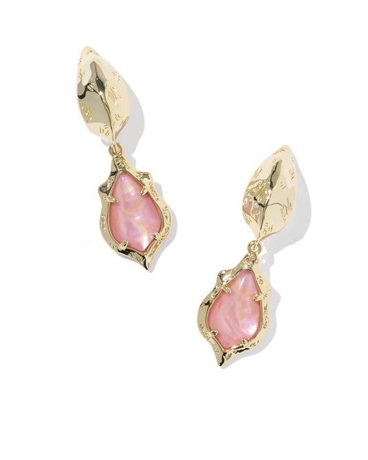 Adriana Scallop Frame Gold Huggie Earrings in Light Pink Iridescent Abalone