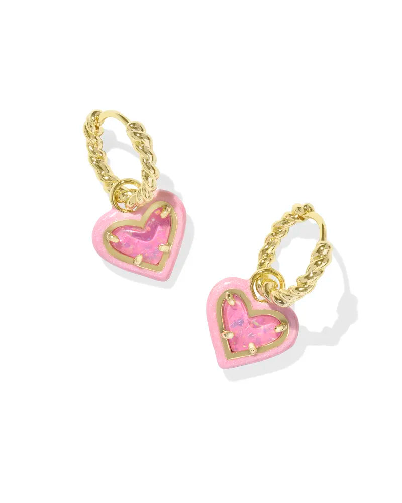 Ari Heart Gold Enamel Frame Huggie Earrings in Pink Iridescent Glitter Glass