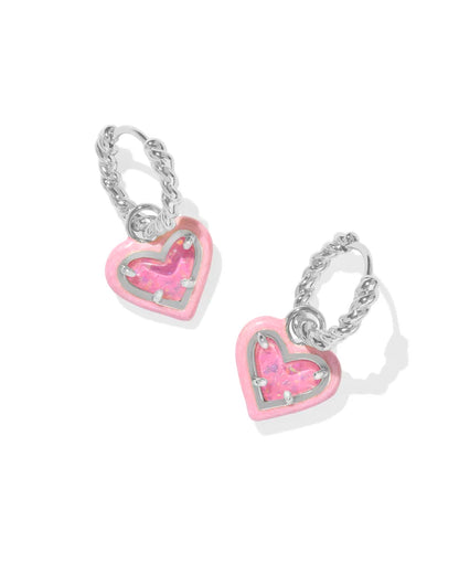 Ari Heart Silver Enamel Frame Huggie Earrings in Pink Iridescent Glitter Glass