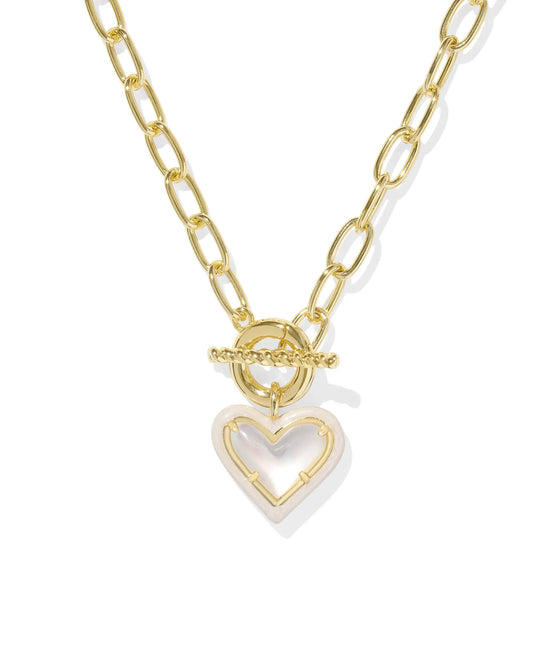 Ari Heart Gold Enamel Frame Link and Chain Necklace in Ivory Mother-of-Pearl