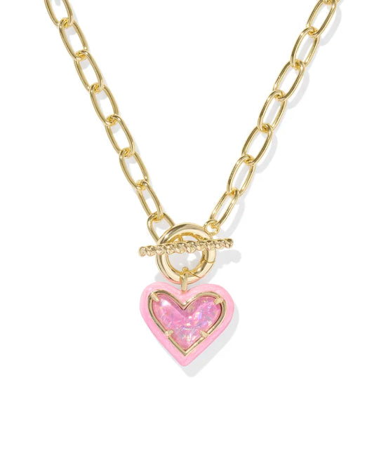 Ari Heart Gold Enamel Frame Link and Chain Necklace in Pink Iridescent Glitter Glass