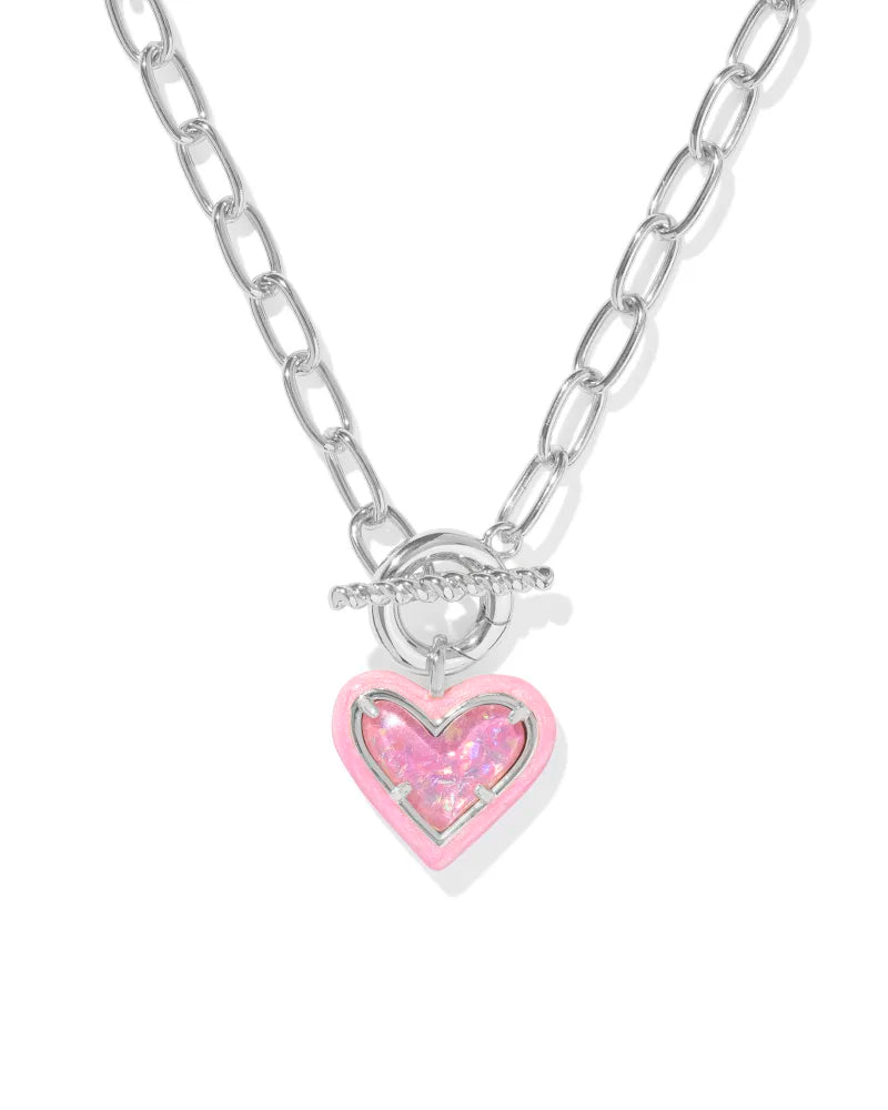 Ari Heart Silver Enamel Frame Link and Chain Necklace in Pink Iridescent Glitter Glass