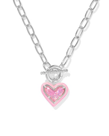 Ari Heart Silver Enamel Frame Link and Chain Necklace in Pink Iridescent Glitter Glass