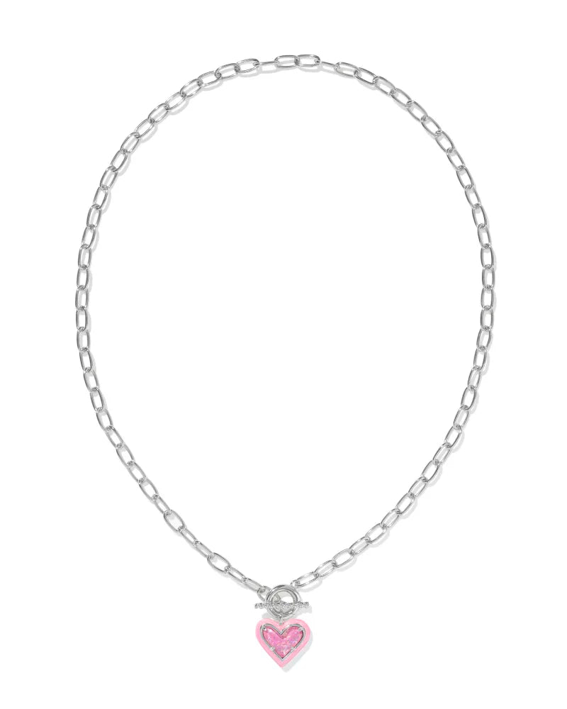 Ari Heart Silver Enamel Frame Link and Chain Necklace in Pink Iridescent Glitter Glass