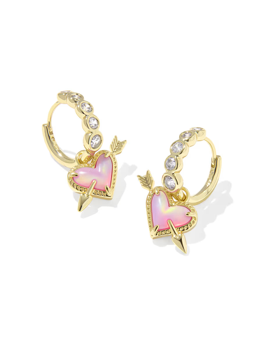 Ari Heart Arrow Gold Huggie Earrings in Pink Opalescent Resin