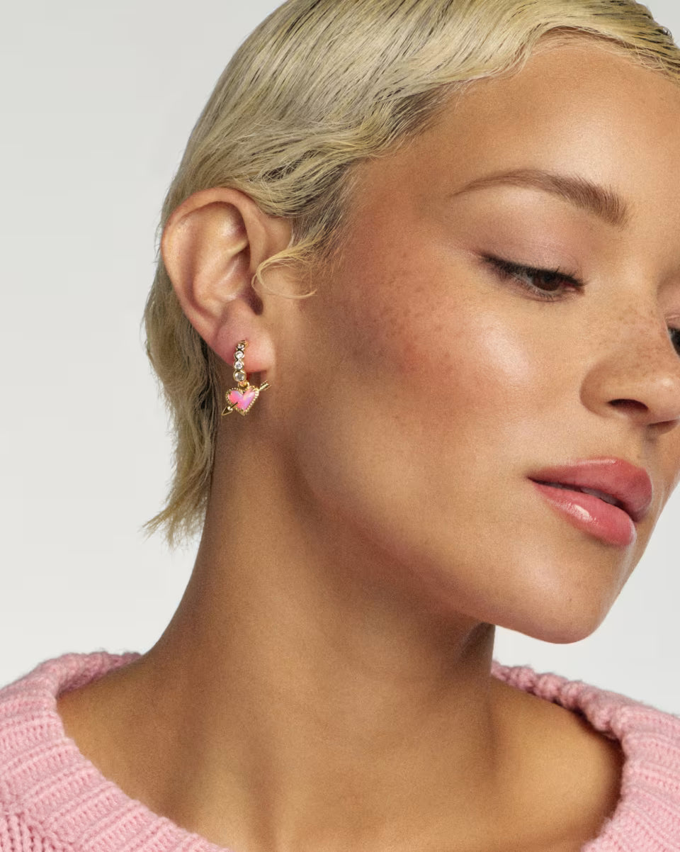 Ari Heart Arrow Gold Huggie Earrings in Pink Opalescent Resin