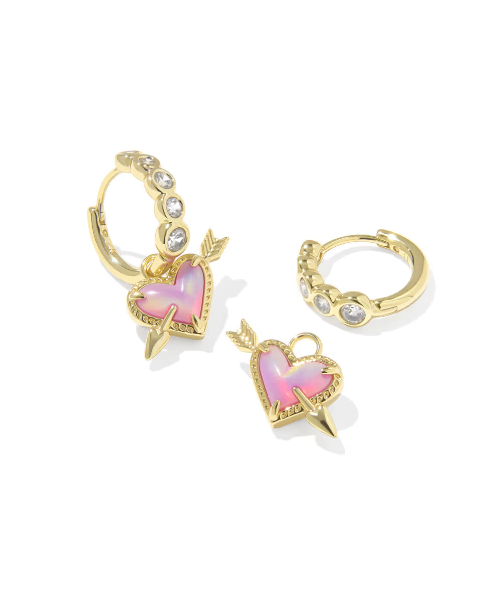 Ari Heart Arrow Gold Huggie Earrings in Pink Opalescent Resin