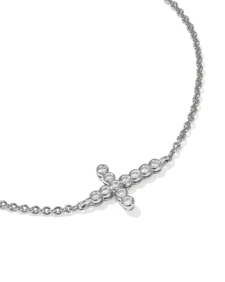 Cross Silver Crystal Delicate Chain Bracelet in White Crystal