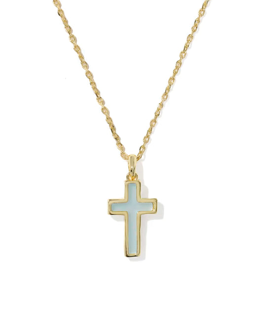 Cross Gold Pendant Necklace in Blue Dichroic Glass