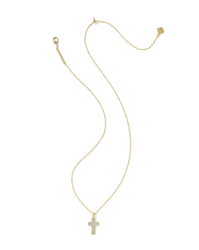 Cross Gold Pendant Necklace in Blue Dichroic Glass