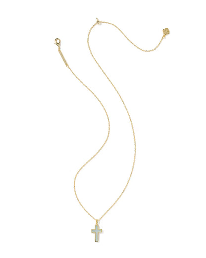 Cross Gold Pendant Necklace in Blue Dichroic Glass