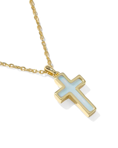 Cross Gold Pendant Necklace in Blue Dichroic Glass