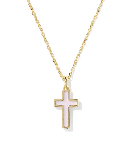 Cross Gold Pendant Necklace In Blush Pink Dichroic Glass