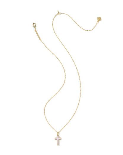 Cross Gold Pendant Necklace In Blush Pink Dichroic Glass