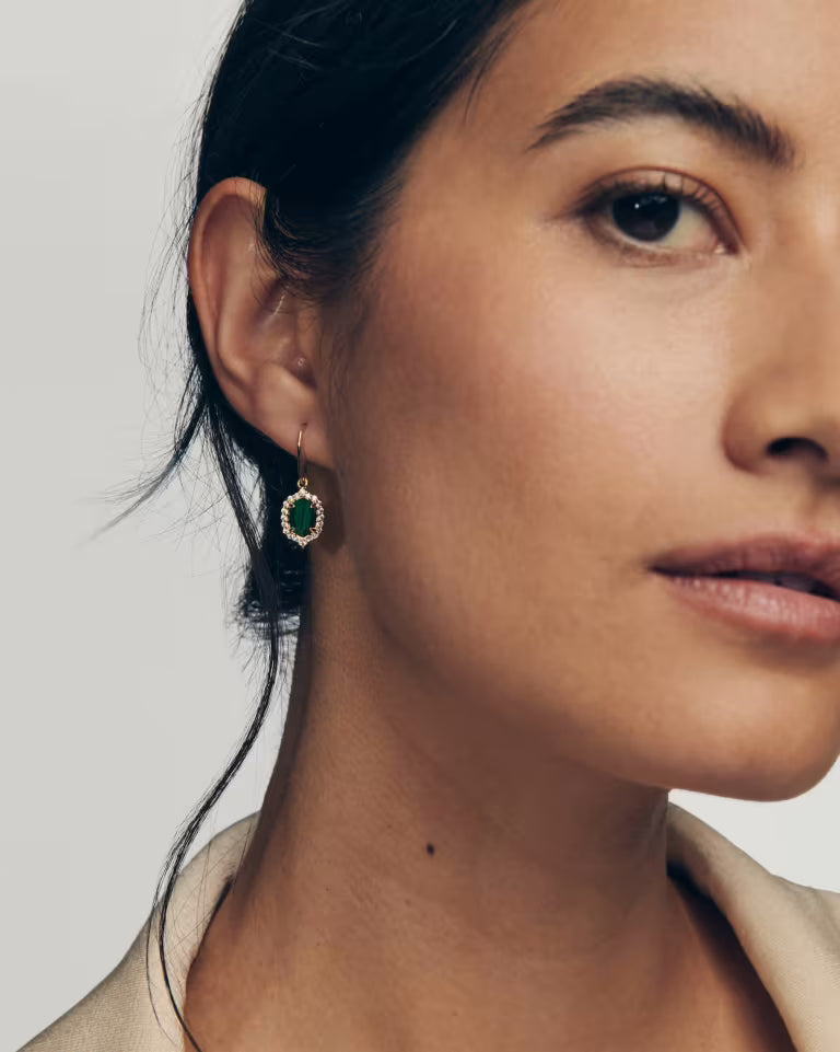 Daphne Crystal Frame Gold Drop Earrings in Green Malachite