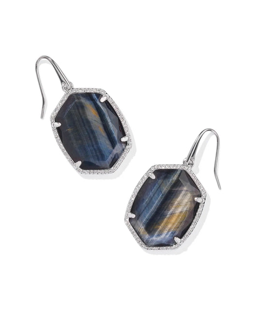 Daphne Gold Pave Frame Drop Earrings in Navy Tiger's Eye