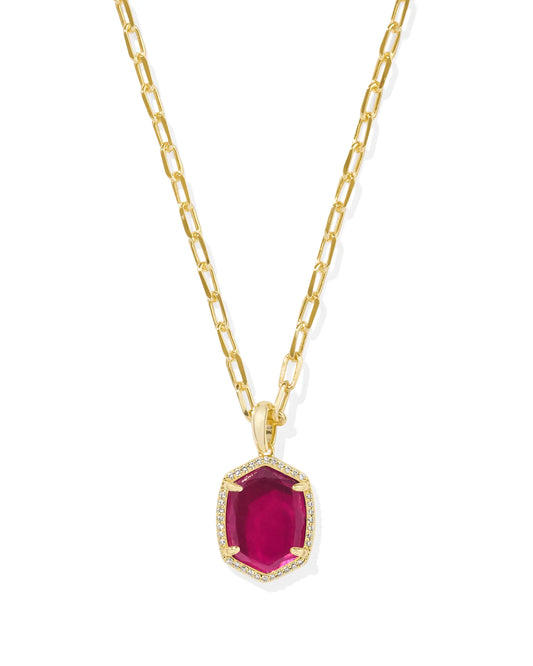 Daphne Gold Pave Frame Short Pendant Necklace in Berry Mica