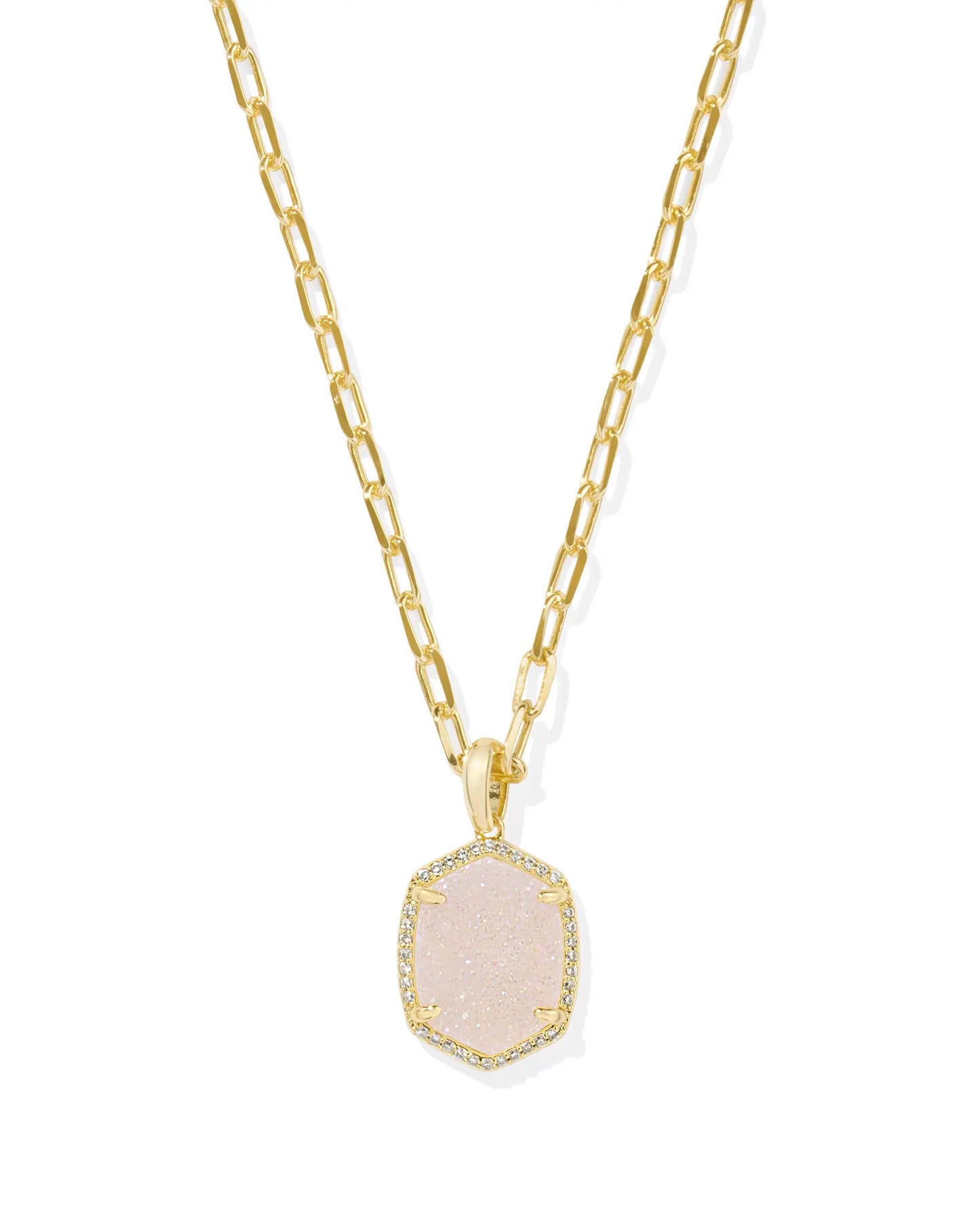 Daphne Gold Pave Frame Short Pendant Necklace in Iridescent Drusy