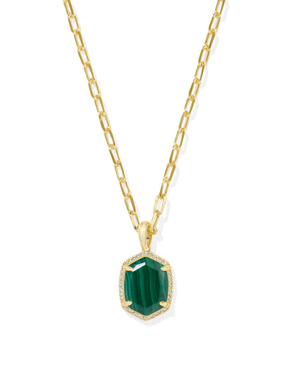 Daphne Gold Pave Frame Short Pendant Necklace in Green Malachite