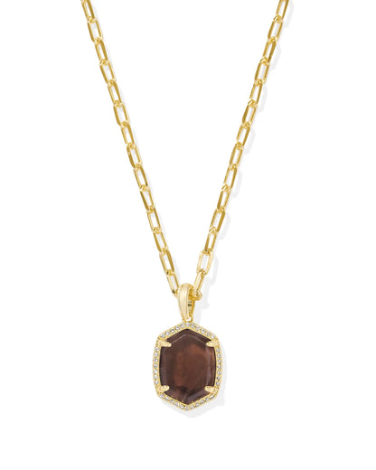 Daphne Gold Pave Frame Short Pendant Necklace in Smoky Quartz