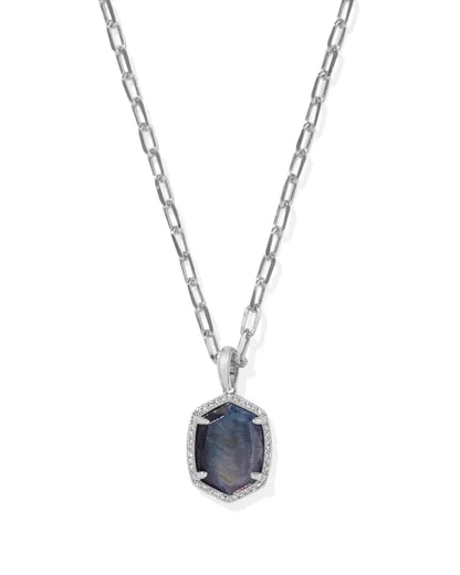 Daphne Silver Pave Frame Short Pendant Necklace in Navy Tiger's Eye