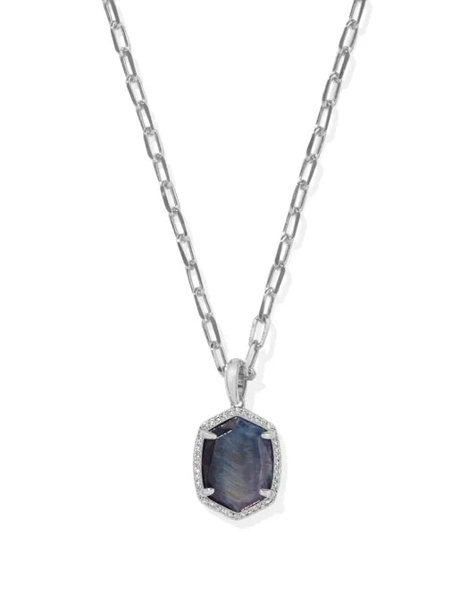 Daphne Silver Pave Frame Short Pendant Necklace in Navy Tiger's Eye