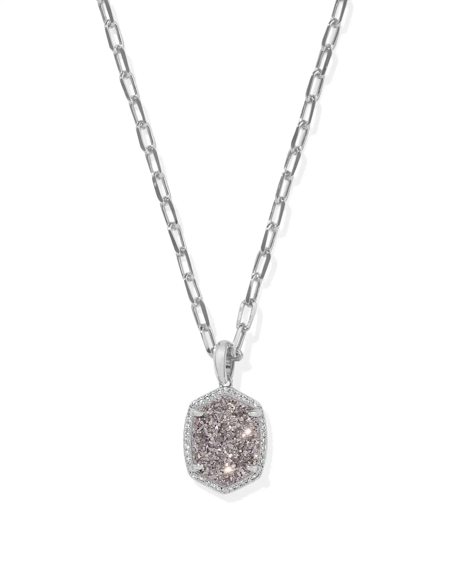 Daphne Silver Pave Frame Short Pendant Necklace in Platinum Drusy