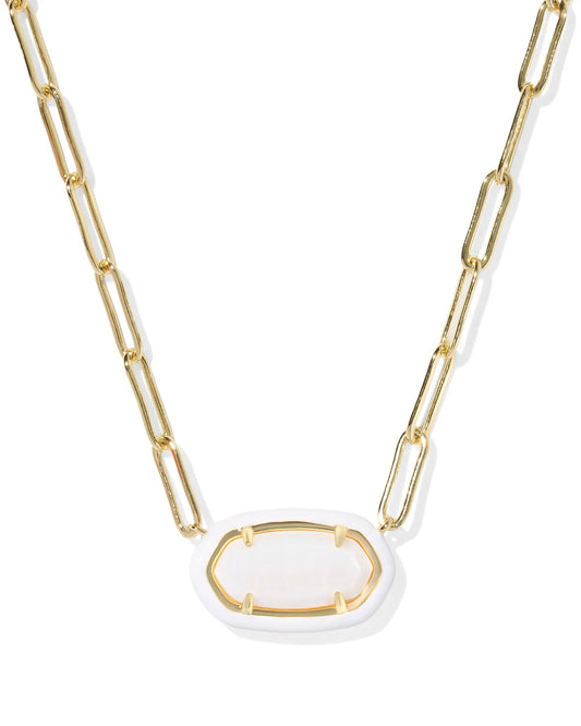 Elisa Enamel Frame Gold Paperclip Necklace in White Mother-of-Pearl