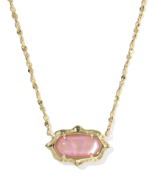 Elisa Scallop Frame Gold Short Pendant Necklace in Light Pink Iridescent Abalone