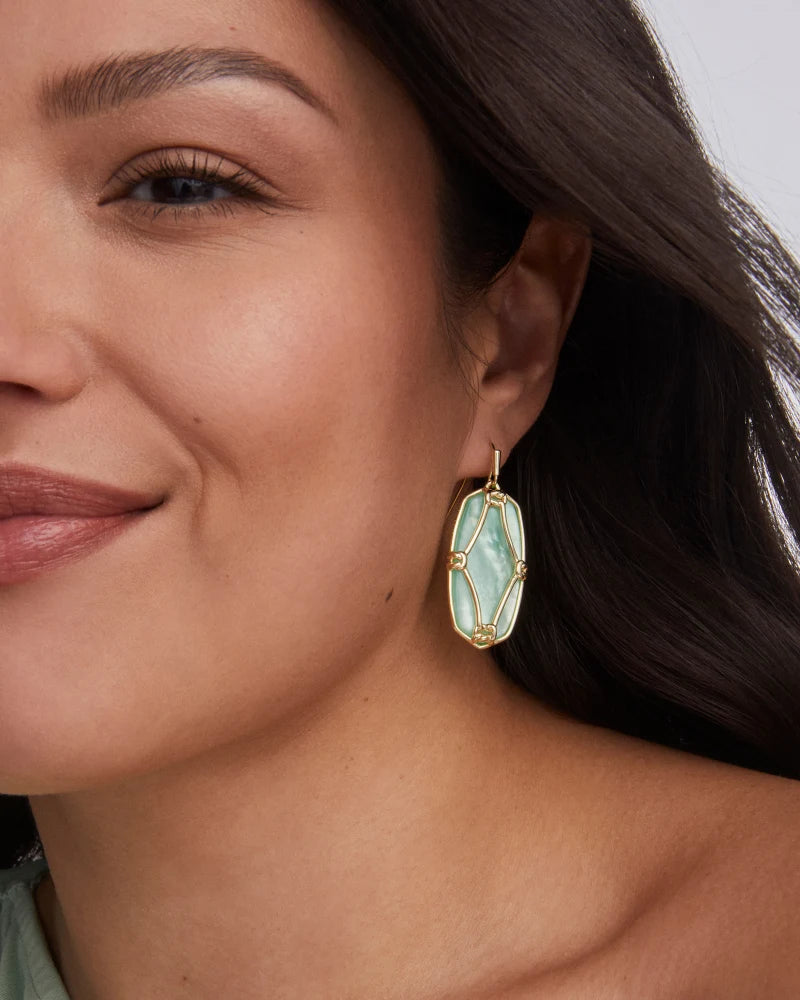 Elle Lattice Frame Gold Drop Earrings in Light Green Mother-of-Pearl