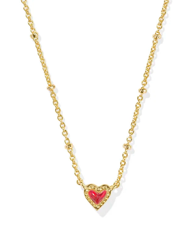 Mini Ari Heart Gold Satellite Short Pendant Necklace in Red Kyocera Opal