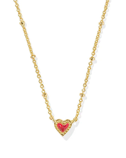 Mini Ari Heart Gold Satellite Short Pendant Necklace in Red Kyocera Opal