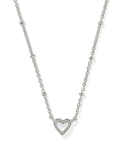 Mini Ari Heart Silver Satellite Short Pendant Necklace in Ivory Mother-of-Pearl