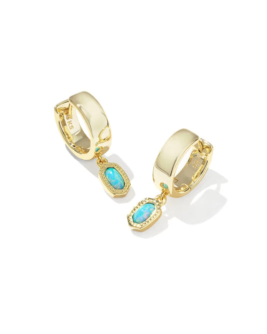 Mini Ellie Gold Wide Huggie Earrings in Blue Lab Grown Opal