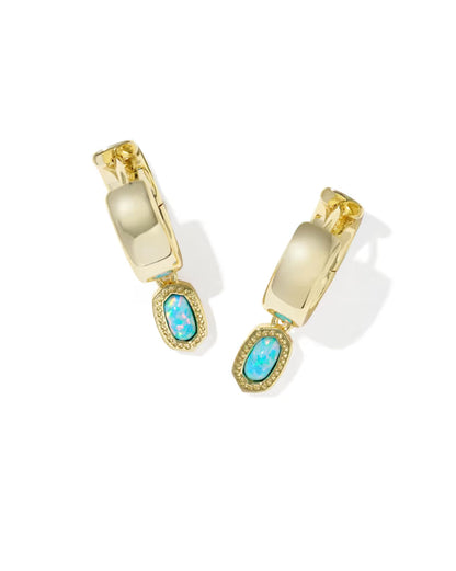Mini Ellie Gold Wide Huggie Earrings in Blue Lab Grown Opal