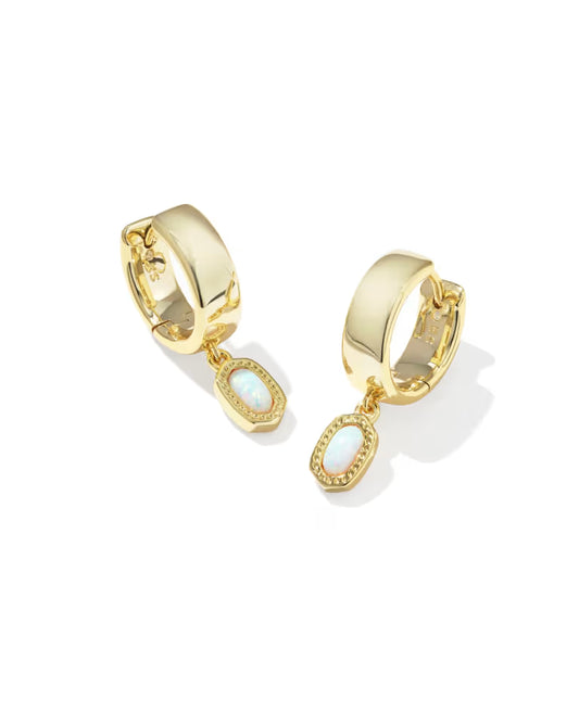 Mini Ellie Gold Wide Huggie Earrings in Bright White Lab Grown Opal