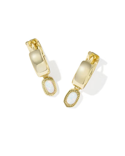 Mini Ellie Gold Wide Huggie Earrings in Bright White Lab Grown Opal