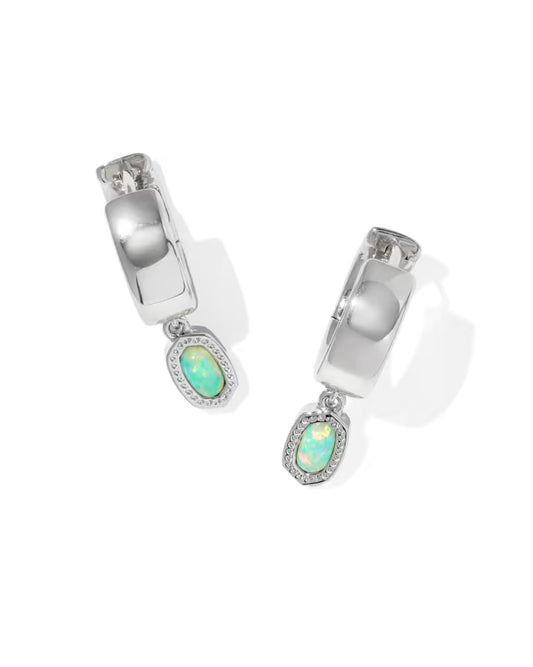 Mini Ellie Silver Wide Huggie Earrings in Green Lab Grown Opal