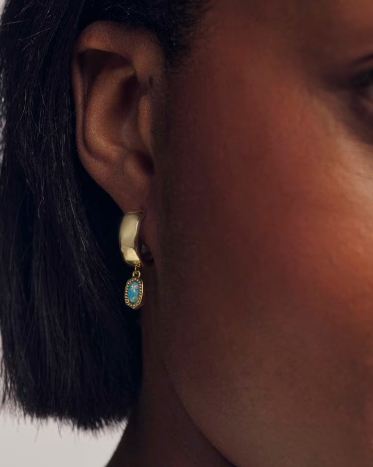 Mini Ellie Gold Wide Huggie Earrings in Blue Lab Grown Opal