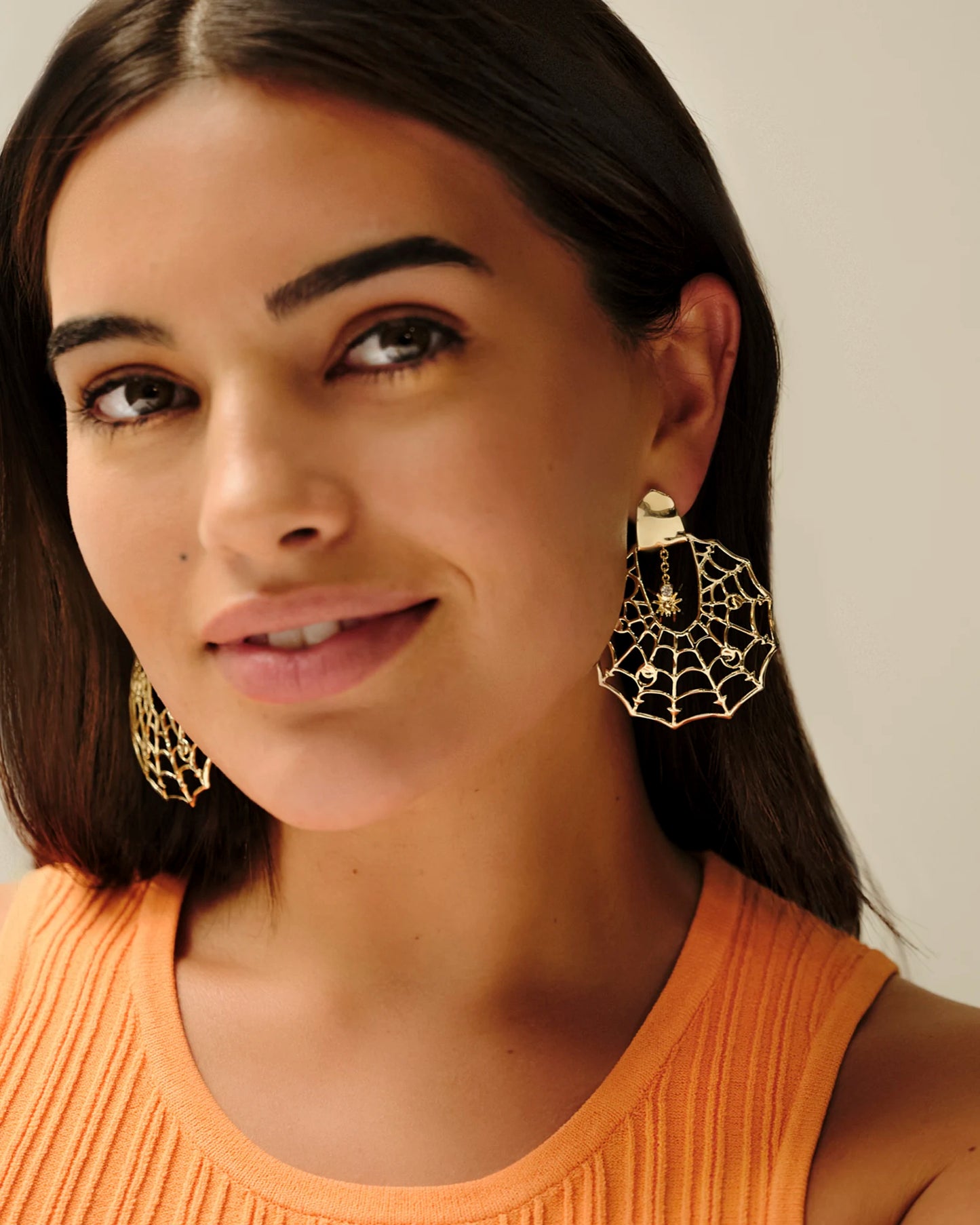 Spiderweb Gold Statement Earrings in White Crystal