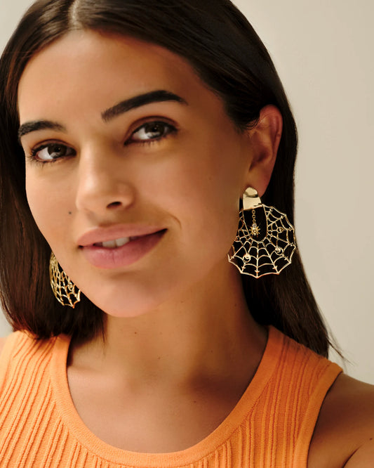 Spiderweb Gold Statement Earrings in White Crystal