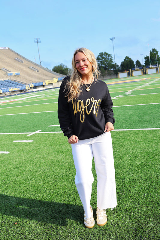 Tigers Metallic Letter Black Sweatshirt