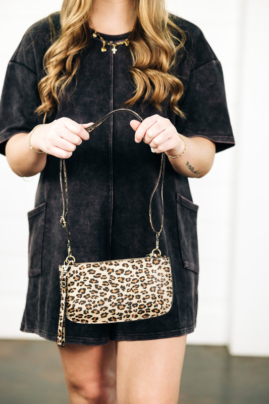 Mini Crossbody Natural Leopard Wristlet Clutch