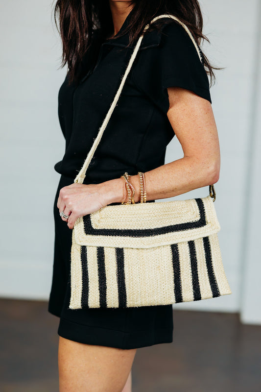 Nellie Black Geo Striped Jute Crossbody Wristlet Clutch