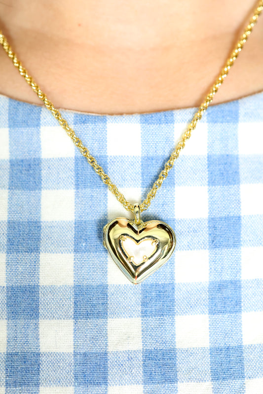 Ari Puffy Heart Locket Short Pendant Necklace in Ivory Mother-of-Pearl