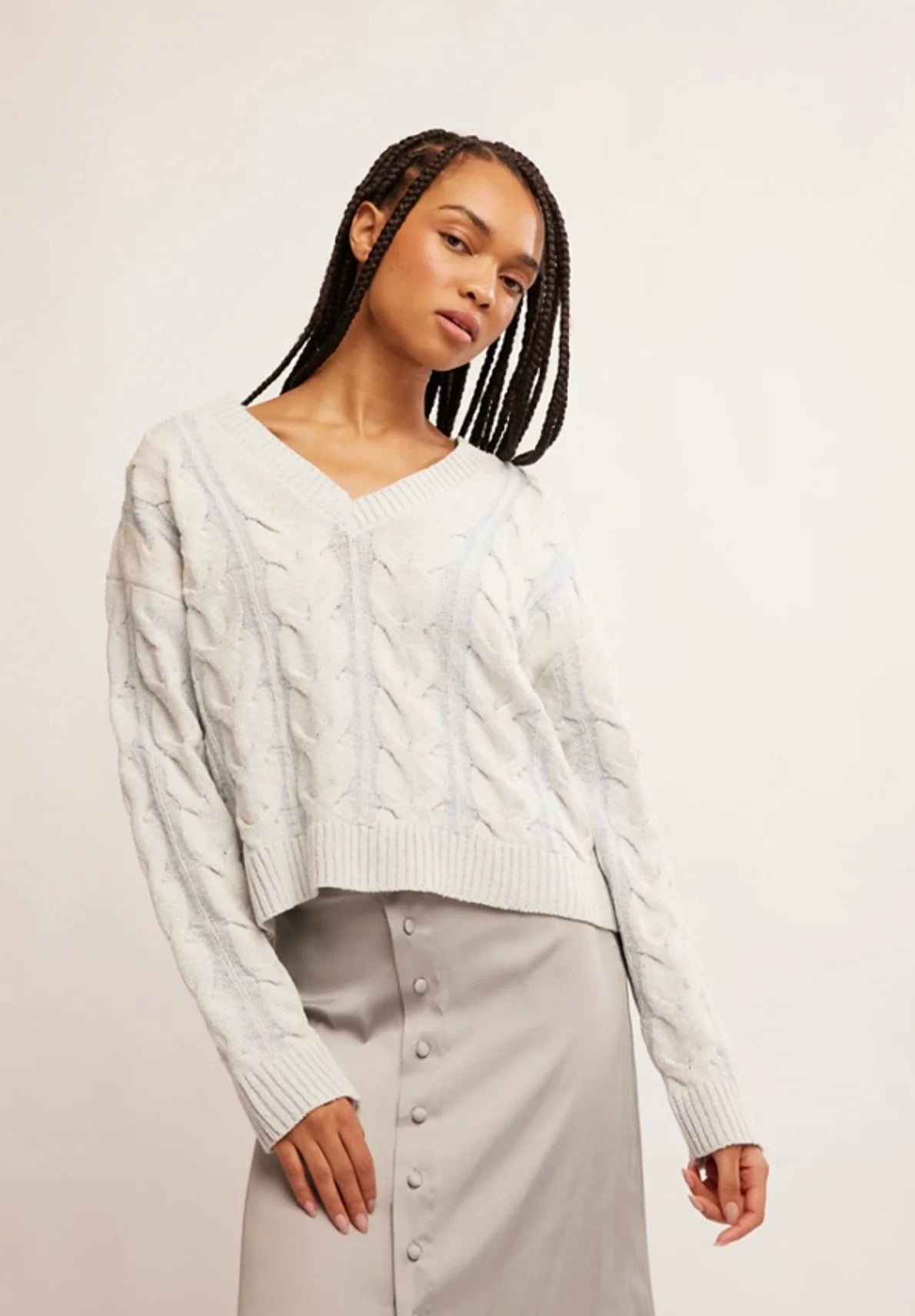 Washed Cable V Neck Pale Blue Sweater