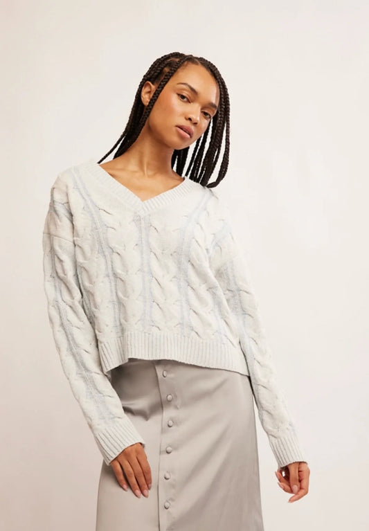 Washed Cable V Neck Pale Blue Sweater