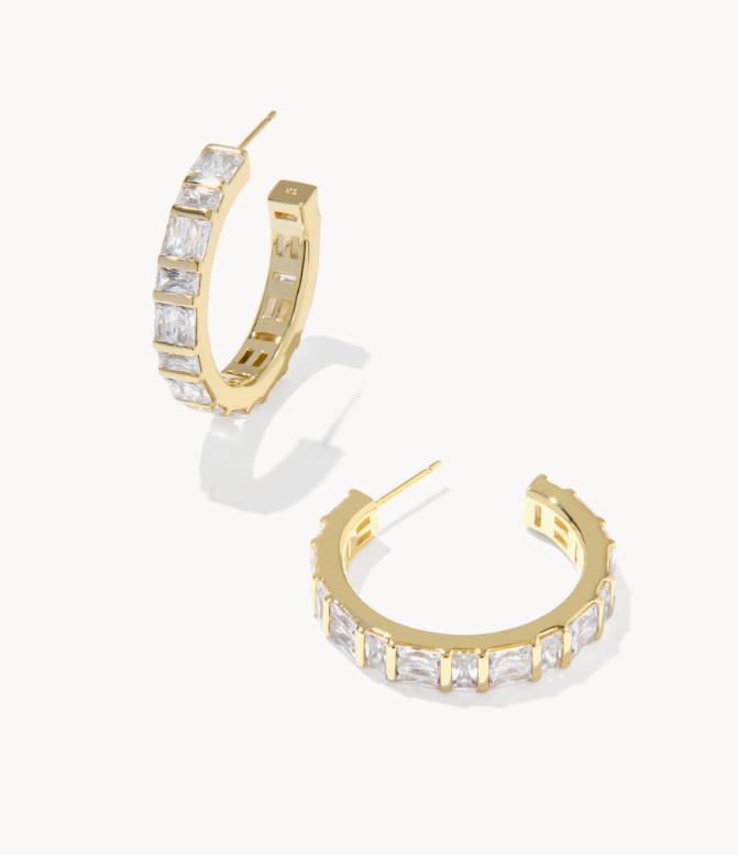Jamie Gold Hoop Earrings in White Crystal