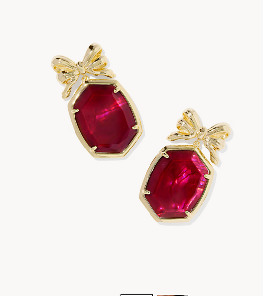 Daphne Bow Gold Drop Earrings in Dark Burgundy Illusion