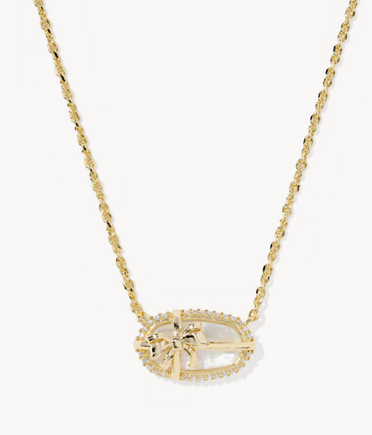 Elisa Bow Gold Short Pendant Necklace in Iridescent Crystal Ivory Illusion